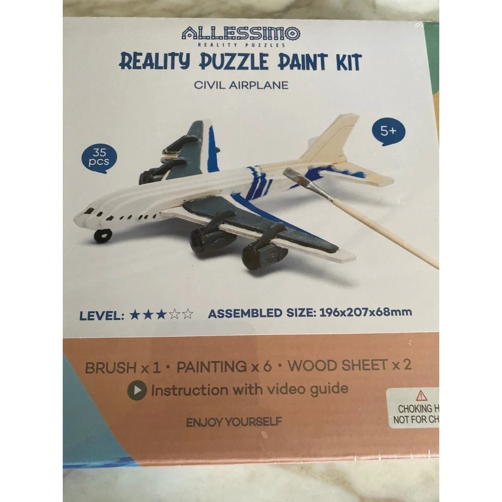 Allessimo Reality Puzzle Paint Kit Civil‎ Airplane 3D Wood Model 35pc Set NEW